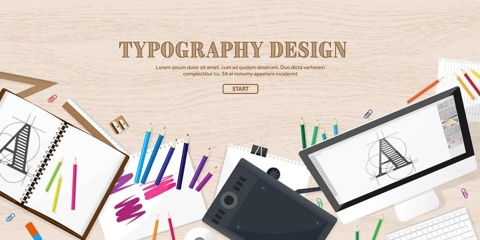 Digital drawing, graphic design. Workplace, equipment for designer. Ui. Back to Stock Illustration