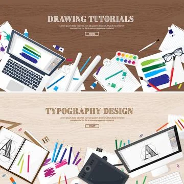 Digital drawing, graphic design. Workplace, equipment for designer. Ui. Back to 库存插图