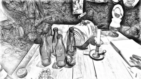 Digital drawing style representing a still life with old empty beer bottles, Stock Illustration