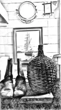 Digital drawing style representing a still life with objects present in a cab Ilustración de archivo