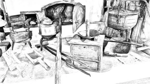 Digital drawing style that represents a still life with wood-burning kitchen Ilustración de archivo