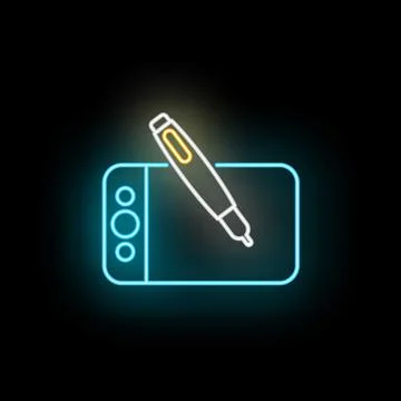 Digital drawing tablet with neon stylus pen creating art Stock Illustration