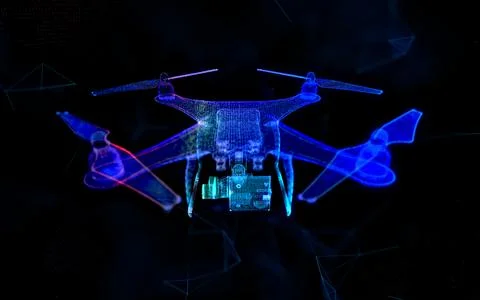 Digital drone with camera in dark blue. Drone videography, aerial photography Illustrazione stock