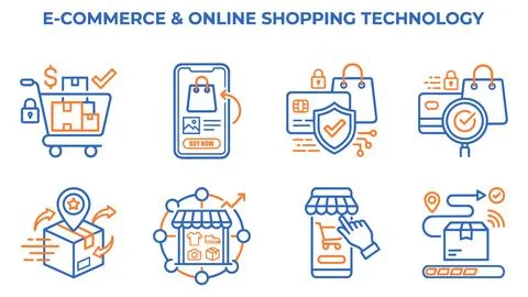 Digital e-commerce and online retail technology icons with ecommerce, shoppin Stock Illustration
