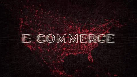 Digital E-Commerce Text Animation in front of USA Map on black background Stock Illustration