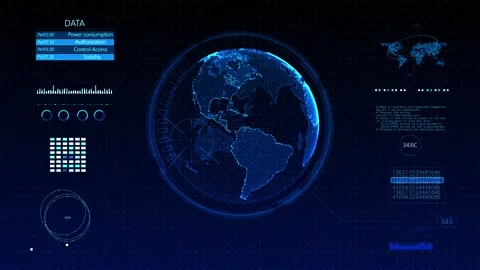 Digital earth analytics interface visual glowing blue globe, dashboard panels, c Stock Footage 340572031