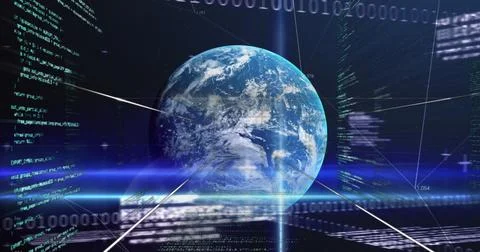 Digital Earth with binary code and data streams, showing global connectivity 스톡 사진