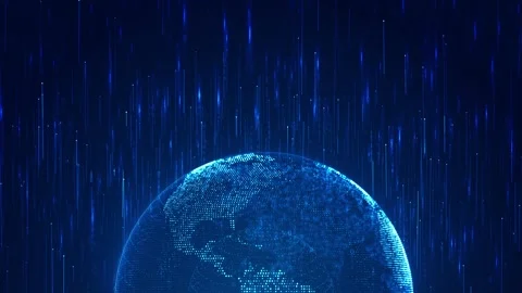 Digital earth binary rain visual with glowing blue globe, vertical data lines, a Stock Footage 340552553