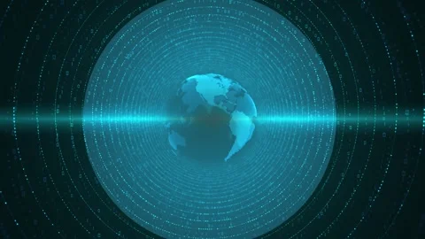 Digital earth circular data scanner cyan globe, binary columns, and bright HUD r Stock Footage 340548199