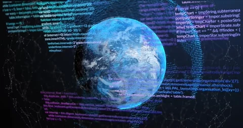 Digital Earth on code input, rotating while code blocks thickening and ring Stock Footage 328584561