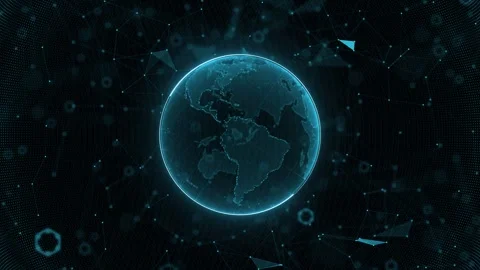 Digital earth connection network visual with teal glowing globe, linked polygon Stock Footage 340552977