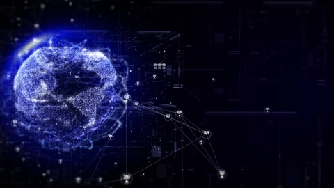 Digital Earth Global Rotating on Left Side of Blue Space Background Stock Footage 346532511