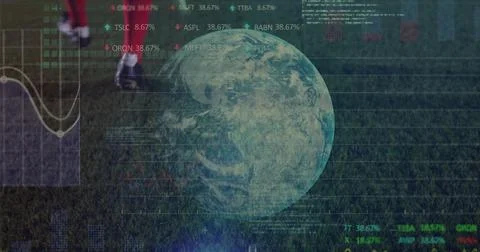 Digital Earth globe and data overlays hovering over soccer field, with player Foto stock