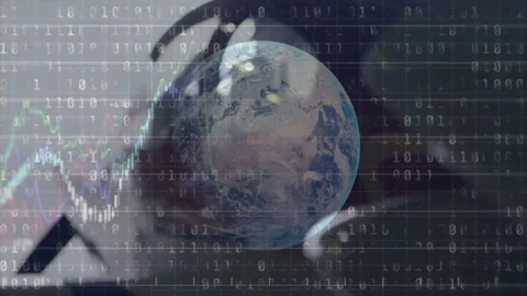 Digital Earth globe being animated over binary code and financial charts, Stock Footage 308151844