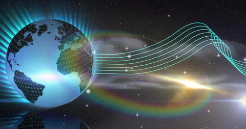 Digital Earth globe floating in space, streaming neon-teal data waves through Stock Footage 308069572