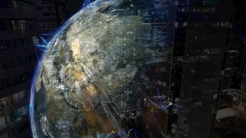 Digital Earth Globe Hologram Over Modern Night City Architecture 動画素材 337048254