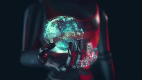 Digital Earth Globe on robots hand 4k Stock Footage 145355536