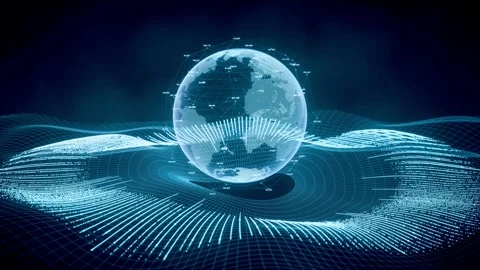 Digital earth globe rotating above abstract blue waves of data flow 스톡 동영상 327249503