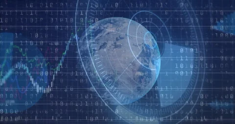 Digital Earth globe rotating, binary code streaming, colored charts climbing, Stock Footage 308677329