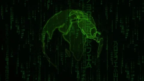 Digital Earth Globe Rotating in Loop With Matrix Code Background Stock Footage 346739635