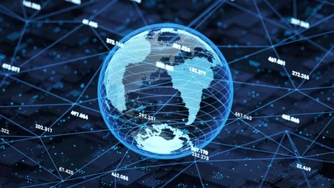 Digital earth globe rotating over abstract cyber network with glowing data .. Stock Footage 332388690