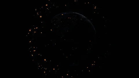 Digital earth globe surrounded by coins of bitcoin in digital network space in Stock Footage 86622569