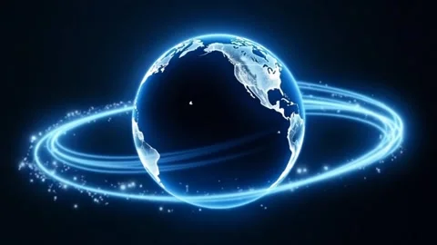 Digital earth globe surrounded by glowing energy ring on black background Stock Footage 318948591