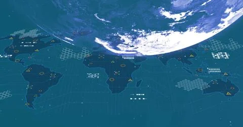Digital Earth map displays data points and network connections across continents 스톡 사진