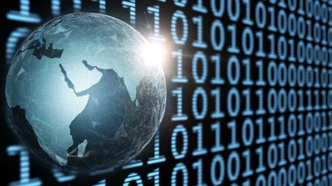 Digital earth planet with animated binary data wall Stock Footage 226802689