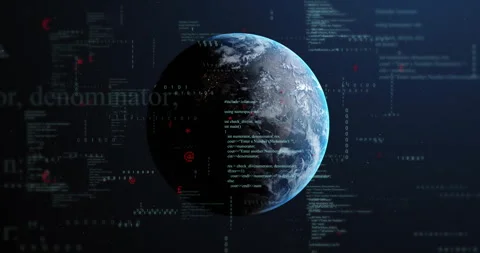 Digital Earth rotating as binary streams fading in illustrating data network Stock Footage 310140474