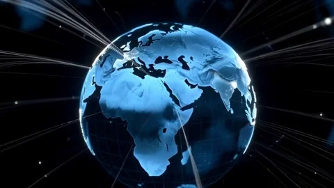 Digital earth spinning with light trails illuminating world map concept of .. Stock Footage 321948482