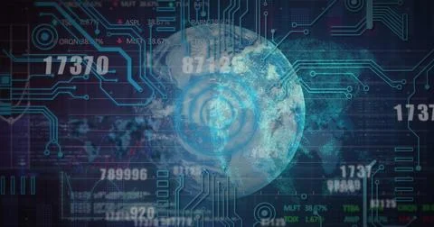 A digital Earth surrounded by data points and circuit-like patterns Stock Photos