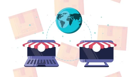 Digital ecommerce concept featuring animated laptop and computer monitor wi.. 動画素材 338426188