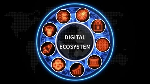 Digital Ecosystem Concept Animation with Glowing Technology Icons Stock Footage 340280261