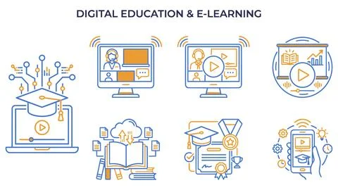 Digital education and e-learning online learning platform concept icons Stock Illustration