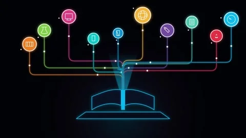 Digital education concept with glowing book icon and connected multimedia s.. Stockbeeldmateriaal 345379439
