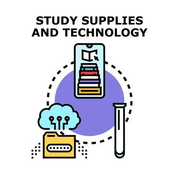 Digital education concept with study supplies and technology Ilustración de archivo