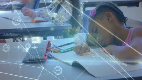 Digital education network drifting across room driving students writing while Stock Footage 312694283