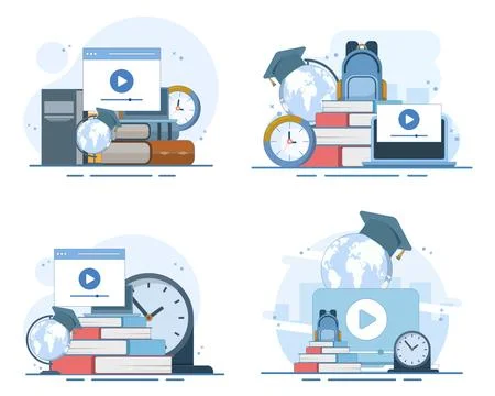 Digital education set, computer with world map, graduation hat, textbook Stock-Illustration