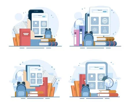 Digital education set, online learning, virtual classroom, remote courses. Stock Illustration