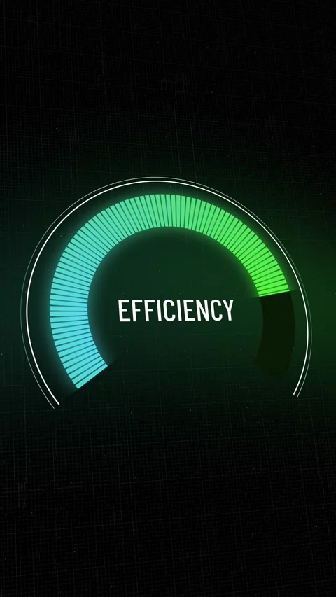 Digital efficiency metric gauge moving from low performance blue rating to ma Stock Footage 328373393