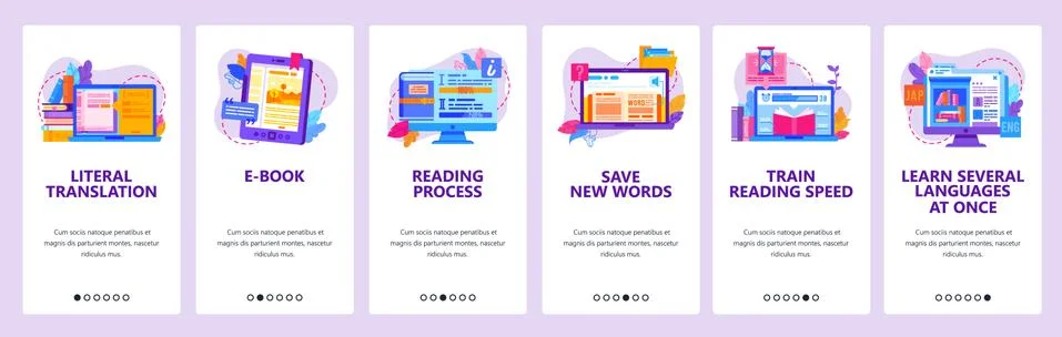 Digital electronic book library. Study language online. Read e-book, education Stock-Illustration
