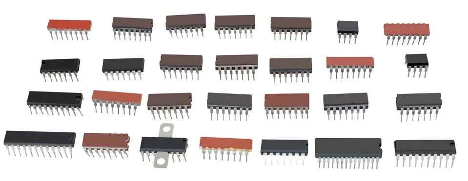 Digital electronic components, integrated circuits isolated on w Stock Photos