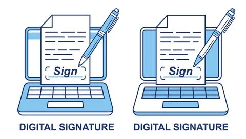 Digital electronic signature, online E-signature computer document paper signing Stock Illustration
