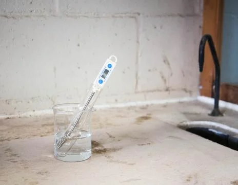 Digital electronic thermometer measuring the temperture inside a beaker Stock Photos