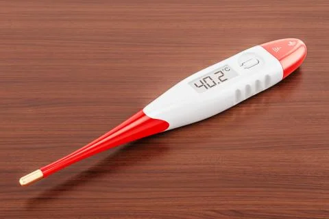Digital electronic thermometer on the wooden table. 3D rendering Stockillustratie