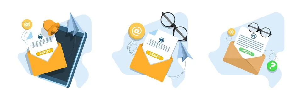 Digital email validation vector illustration set showing message delivery Stock Illustration