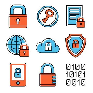 Digital Encrypt Technology Security Icons Set on White Background. Vector Illustration