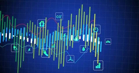 Digital energy chart displaying multicolor bars and trend lines on dashboard Stock Illustration