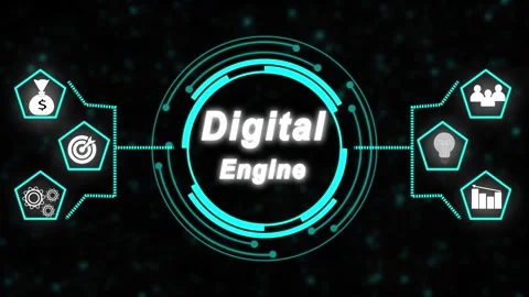 Digital engine concept with business icons and futuristic interface on dark.. Stock Footage 337366172